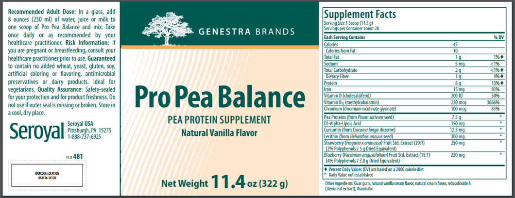 Pro Pea Balance - Vanilla - 11.4 oz By Genestra Brands
